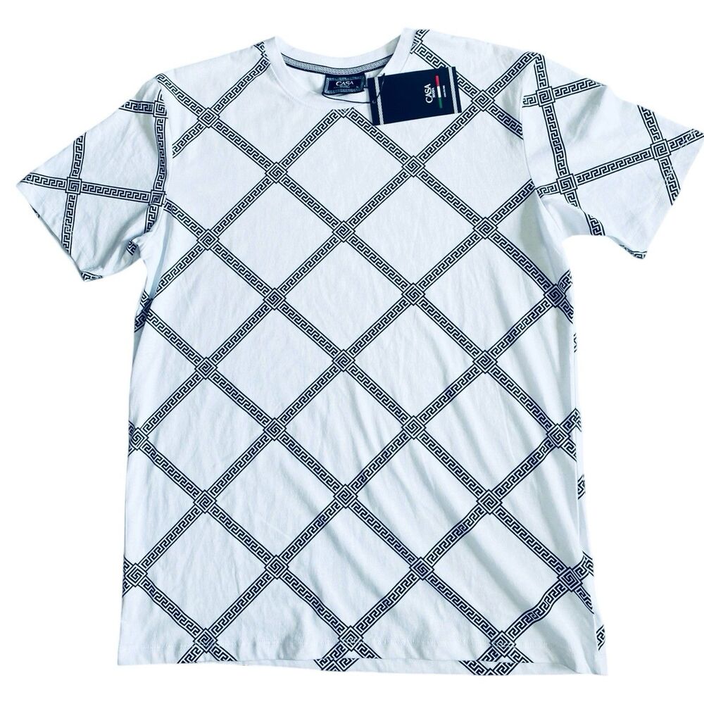NWT Casa Moda Couture White Black Diamond Geometric Pattern Tee Unisex Men Sz S